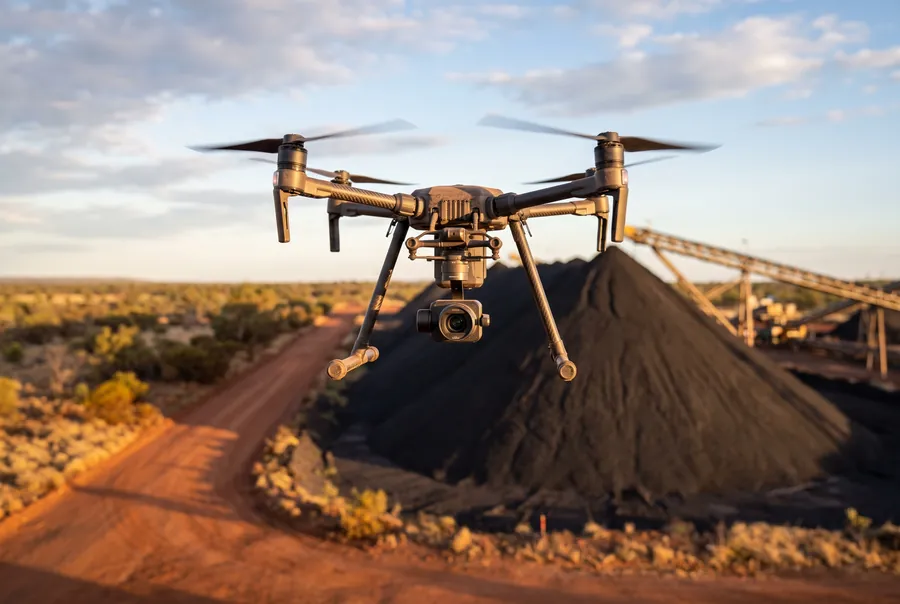 A survey drone hovering over a coal stockpile at sunset