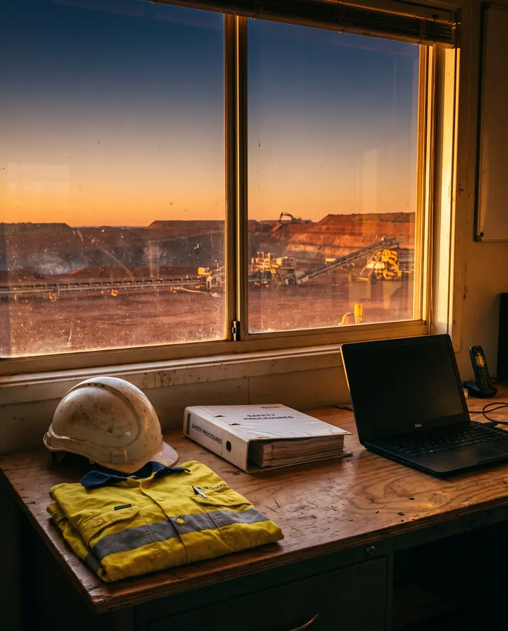 A hard hat, hi-vis shirt and a binder of procedures on a site office desk at dawn